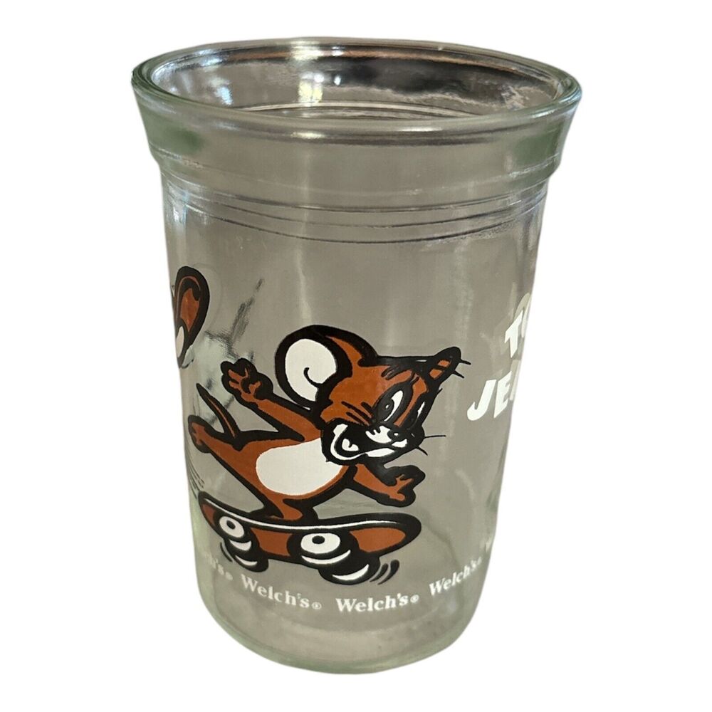 Vintage 1990 Welch's Jelly Jar Glass Tom And Jerry Skateboarding